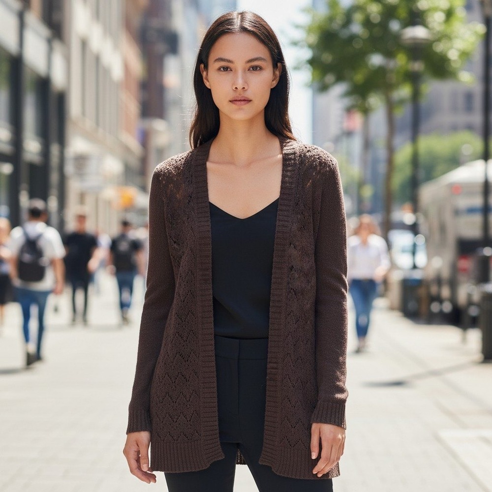 Mossimo Cardigan Women M Brown Pointelle Open Knit Boho Whimsigoth Draped Y2K